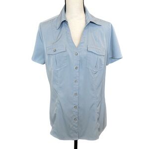 Cato Sky Blue Button-Down Women's Shirt Size Large V-Neck Collar Front Pockets
